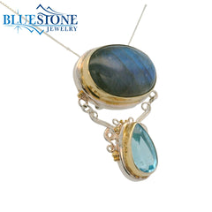 Silver & Gold Pendant with Labradorite and Topaz- 18"