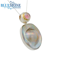 Silver and Gold Pendant with Pearl and Pink Tourmaline- 18"