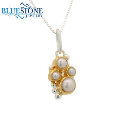 Silver & Gold Flower Pendant with Pearl- 18"