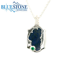 Small Silver Lake Tahoe Reversable Bear Pendant with Lapis and Emerald.