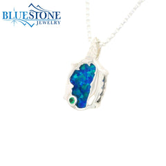 Small Silver Lake Tahoe Reversable Bear Pendant with Lab Grown Opal and Emerald.