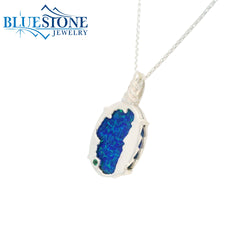 Large Silver Lake Tahoe Reversable Bear Pendant with Lab Grown Opal and Emerald.
