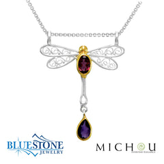 Two-Tone Dragon Fly Pendant w/ Rhodolite Garnet & Ameythsit - 18"