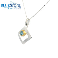 Two-Tone Concave Square Outline Pendant w/ Sky Blue Topaz- 18"