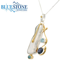Two-Tone Pendant w/ Pearl, Iolite & Blue Topazes - 18"
