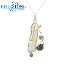 Two-Tone Pendant w/ Pearl, Iolite & Blue Topazes - 18"
