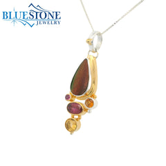 Two-Tone Pendant w/ Beetle Wing, Citrines & Rhodolite Garnets- 18"
