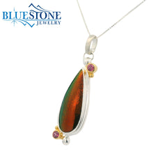 Two-Toned Pendant w/ Beetle Wing & Rhodolite Garnets -18"