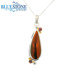 Two-Toned Pendant w/ Beetle Wing & Rhodolite Garnets -18"