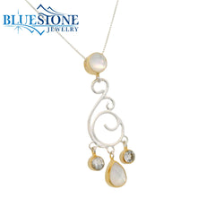 Two-Tone Pendant w/ Mother Of Pearls, Quartz & White Topaz- 18"