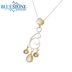Two-Tone Pendant w/ Mother Of Pearls, Quartz & White Topaz- 18"