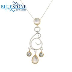 Two-Tone Pendant w/ Mother Of Pearls, Quartz & White Topaz- 18"