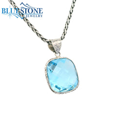 Medium Sterling Silver Pendant w/ Cushion Briolette Blue Topaz- 24" Petite Chain
