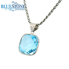 Medium Sterling Silver Pendant w/ Cushion Briolette Blue Topaz- 24" Petite Chain