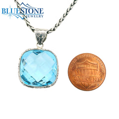 Medium Sterling Silver Pendant w/ Cushion Briolette Blue Topaz- 24" Petite Chain