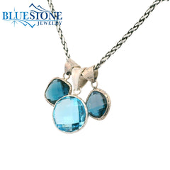 Sterling Silver Blue Topaz & London Blue Topaz Trio Pendant- 22" Petite Chain