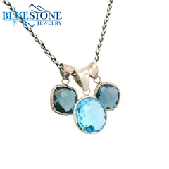 Sterling Silver Blue Topaz & London Blue Topaz Trio Pendant- 22" Petite Chain