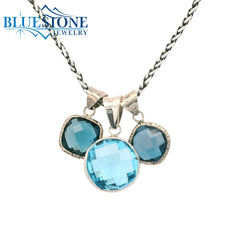 Sterling Silver Blue Topaz & London Blue Topaz Trio Pendant- 22" Petite Chain