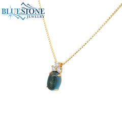 14KYG Cabochon London Blue Topaz Pendant w/ 3 Diamonds