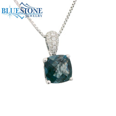 14KWG London Blue Topaz Pendant w/ Pave Diamond Bail
