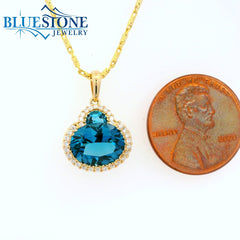 14 Karat Yellow Gold Pendant w/ London Blue Topaz Gemstones and Diamond*Bluestone Collection*