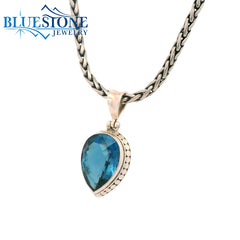 Medium Silver Pear Cut London Blue Topaz Pendant- 17" Regular