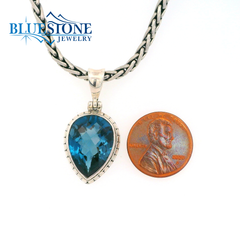 Medium Silver Pear Cut London Blue Topaz Pendant- 17" Regular