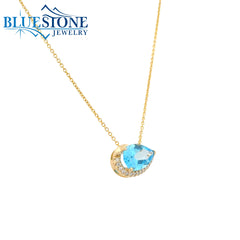 14KYG Pendant w/ One East/West Pear Cut Blue Topaz & Diamonds