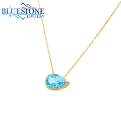 14KYG Pendant w/ One East/West Pear Cut Blue Topaz & Diamonds