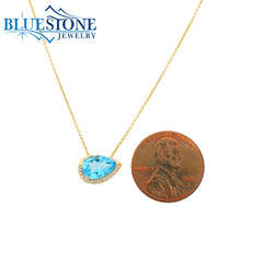 14KYG Pendant w/ One East/West Pear Cut Blue Topaz & Diamonds