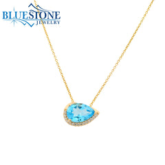 14KYG Pendant w/ One East/West Pear Cut Blue Topaz & Diamonds