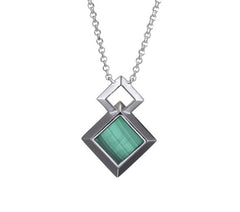 Sterling Silver Rhodium Plated Necklace with Square Cut Genuine Malach