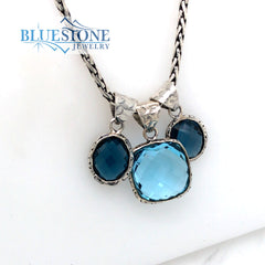 Three London Blue Topaz Pendants Round and Square Cut on 17 inch Chain