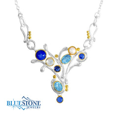 Silver & Gold Necklace with Topaz, Kyanite, Opal, Mother of Pearl and Pearl- 20 Inches