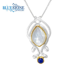 Silver & Gold Necklace with Mother of Pearl and Blue Opal- 18 Inches