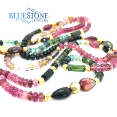 Watermelon Tourmaline with Gold Beaded Necklace- 38 Inches