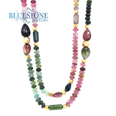 Watermelon Tourmaline with Gold Beaded Necklace- 38 Inches