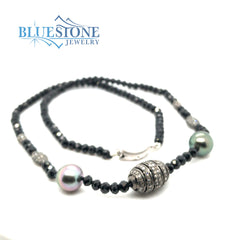 Black Spinel Beaded Necklace with Five Black Rhodium Plated Sterling S