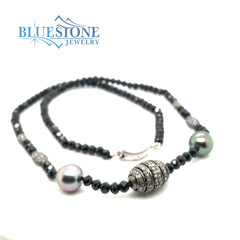Black Spinel Beaded Necklace with Five Black Rhodium Plated Sterling S