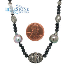 Black Spinel Beaded Necklace with Five Black Rhodium Plated Sterling S