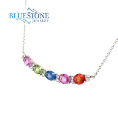 14 Karat White Gold Rainbow Necklace with Five 4mm x 5mm Oval Cut Mult