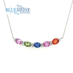14 Karat White Gold Rainbow Necklace with Five 4mm x 5mm Oval Cut Mult