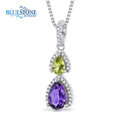 Silver Pendant with Amethyst, Peridot and CZ- 18 Inches