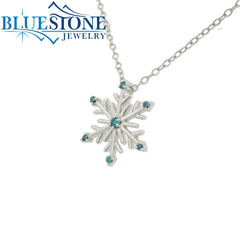 Sterling Silver Snowflake Necklace with Blue Diamonds - 18"