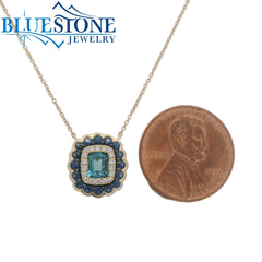 14KYG Necklace with London Blue Topaz, Sapphires and Diamonds