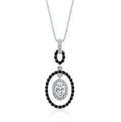 Sterling Silver Oval Halo Necklace with Black and White CZ's -18"