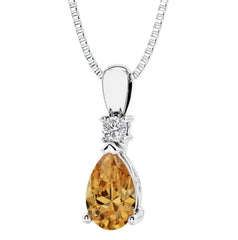 Sterling Silver Citrine & LAB Diamond Pendant -18"