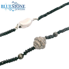 Black Spinel Beaded Necklace w/ Three Diamond Beads - 17.25"