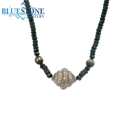 Black Spinel Beaded Necklace w/ Three Diamond Beads - 17.25"