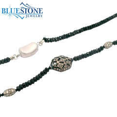Black Spinel Beaded Necklace w/ Three Diamond Beads - 18"